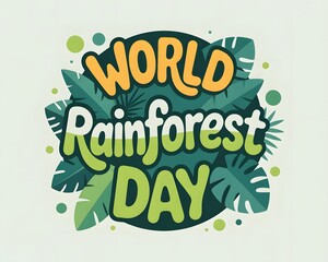 A circular graphic design showcasing the phrase "World Rain Day" surrounded by various tropical leaves, creating a vibrant and eco-conscious visual.