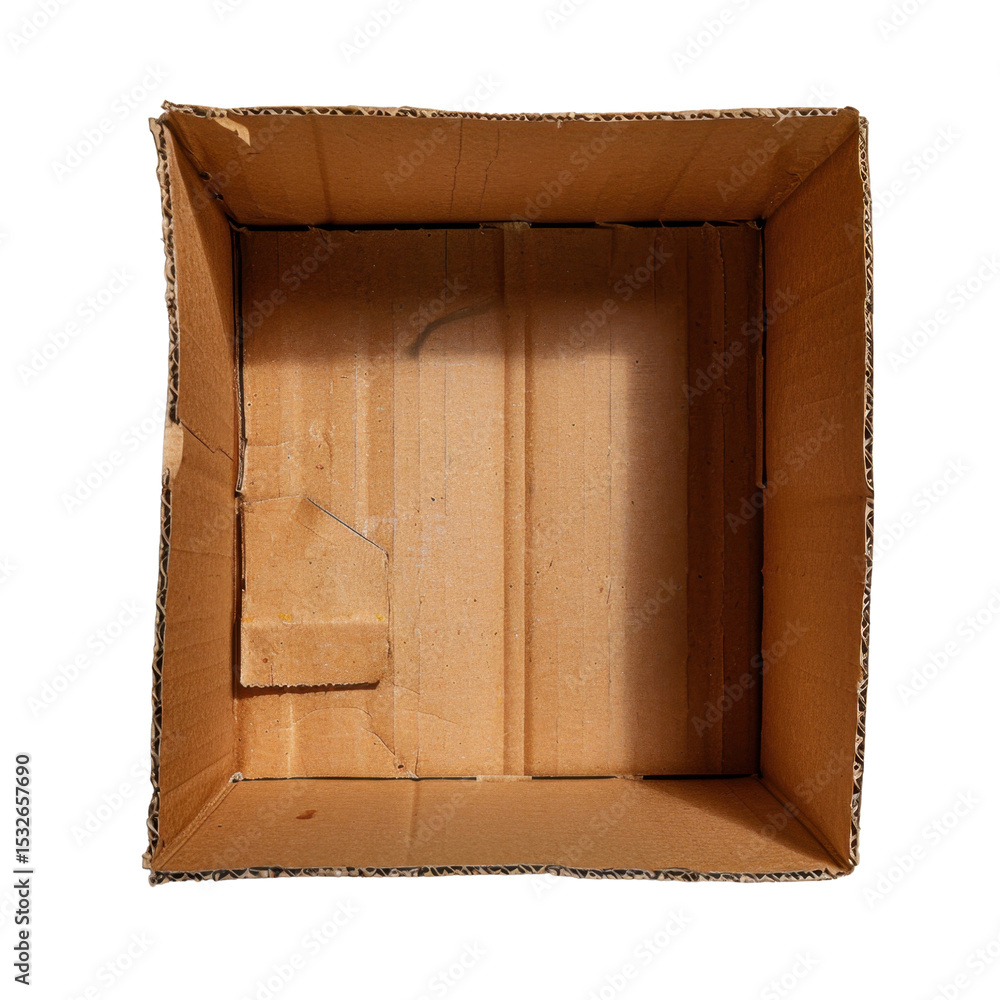 Aufkleber empty cardboard box with slightly worn interior, showcasing its brown color and texture. box has vis