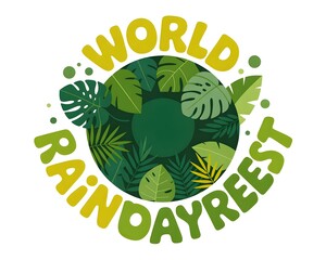 A circular graphic design showcasing the phrase "World Rain Day" surrounded by various tropical leaves, creating a vibrant and eco-conscious visual.