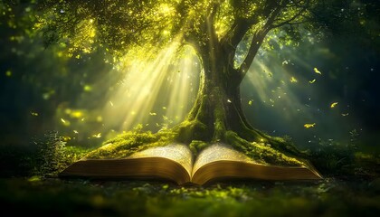 A mystical book rests beneath a luminous tree.
