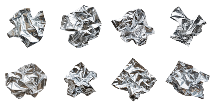 Collection of crumpled shiny aluminum foil pieces isolated on a transparent background arranged in various positions showcasing texture and surface detail