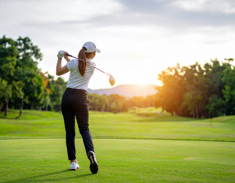 Golfer's powerful swing at sunset on lush green course, back view