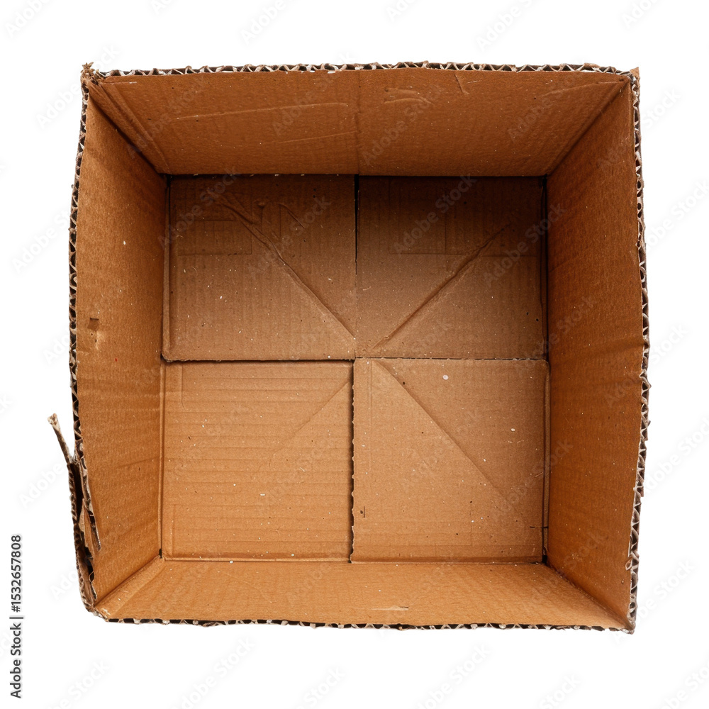 Poster empty cardboard box with rectangular shape, featuring brown color and visible creases and folds. box