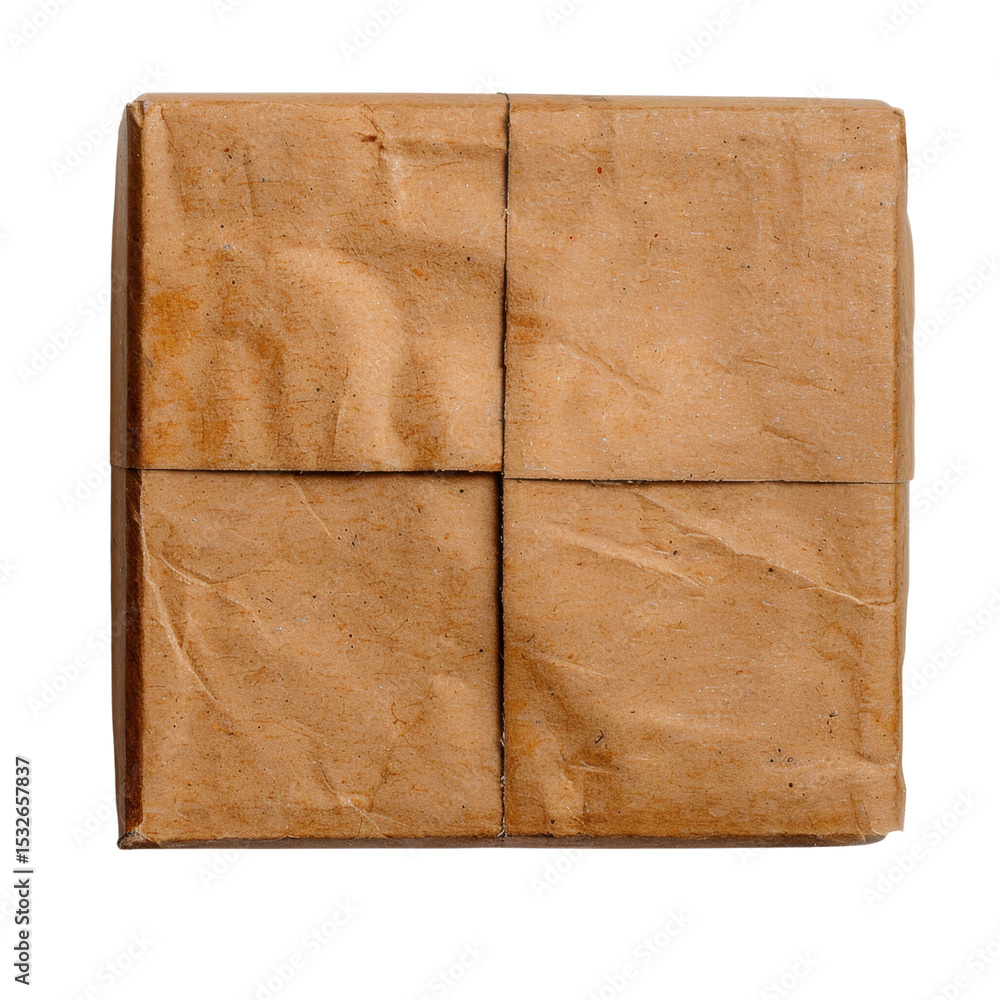 Poster square package wrapped in brown paper, featuring simple and rustic appearance. texture of paper adds