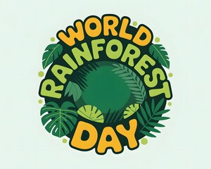 A circular graphic design showcasing the phrase "World Rain Day" surrounded by various tropical leaves, creating a vibrant and eco-conscious visual.