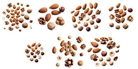 Assorted collection of raw almonds walnuts and hazelnuts arranged on a transparent background with transparent elements showcasing different shapes and sizes of each nut variety