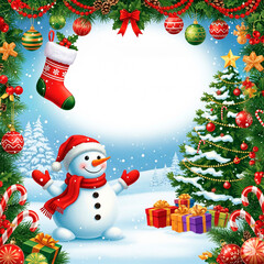 Festive snowman with gifts and tree