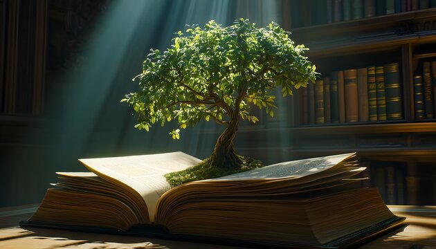 Illuminated bonsai tree atop an open book.