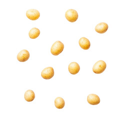 Potatoes, A pile of fresh, unpeeled potatoes on a wooden surface, showcasing their earthy brown skin and various sizes, isolated on transparent background