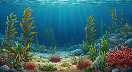 Vibrant Underwater Kelp Forest Scene Digital Illustration