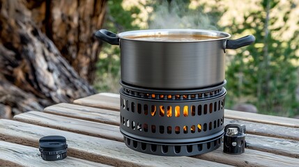 Outdoor cooking setup with portable stove and stainless steel pot on wooden table