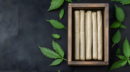 Pre rolled cigarettes arranged in rustic wooden box surrounded by green cannabis leaves on dark textured surface, creating natural and organic atmosphere