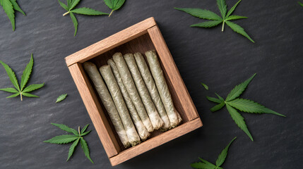 Cannabis joint prerolls arranged neatly in rustic wooden box surrounded by fresh green marijuana leaves on dark textured surface, evoking natural and calming vibe