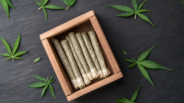 Cannabis joint prerolls arranged neatly in rustic wooden box surrounded by fresh green marijuana leaves on dark textured surface, evoking natural and calming vibe