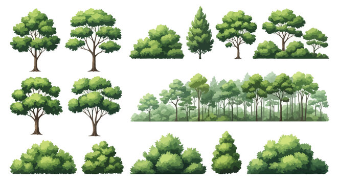 Collection of Lush Green Trees and Bushes Pixel Art Forest Elements