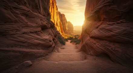Sunlit canyon path descends between towering sandstone walls, leading towards a distant light