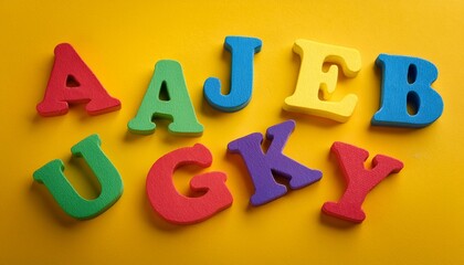 colorful letters of the alphabet on yellow background primary school or preschool kindergarten educational game learning through play