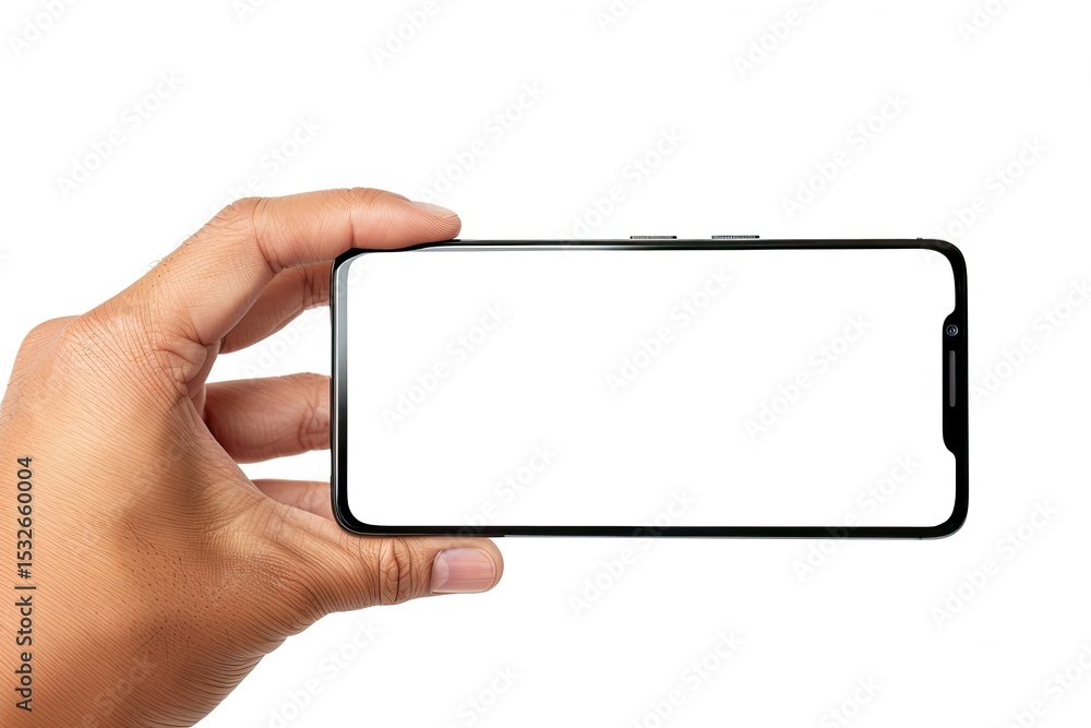 Poster Hand Man Holding Mobile Smartphone with Blank Screen Isolated on White Background with Clipping Path