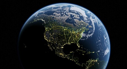 Night view of Earth showcasing North and Central America's city lights against a dark space backdrop