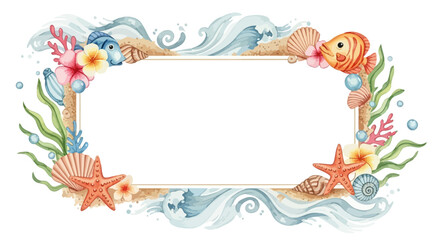Ocean Watercolor Frame Summer Seashell, Fish, and Flower Border