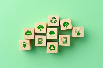 Eco friendly concepts wooden blocks green background