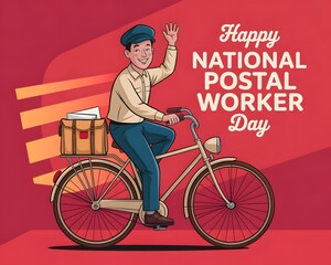 A friendly postal worker, dressed in classic attire, is depicted riding a vintage bicycle. Happy Postal Worker on Bicycle Celebrates National Day.