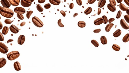 Obraz premium Coffee beans falling on white background. Vector realistic illustration of roasted dark brown seeds flying, restaurant or cafe breakfast menu background, espresso aroma, gourmet beverage