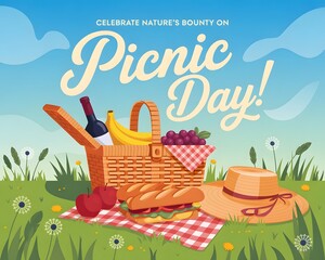 A vibrant and cheerful illustration of a picnic basket overflowing with food (wine, bananas, grapes, sandwich) set on a checkered tablecloth in a grassy field.