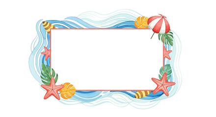 Summer Beach Watercolor Frame Ocean Waves, Starfish, and Tropical Leaves Illustration