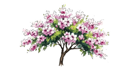 Watercolor Painting of a Blooming Pink and White Tree