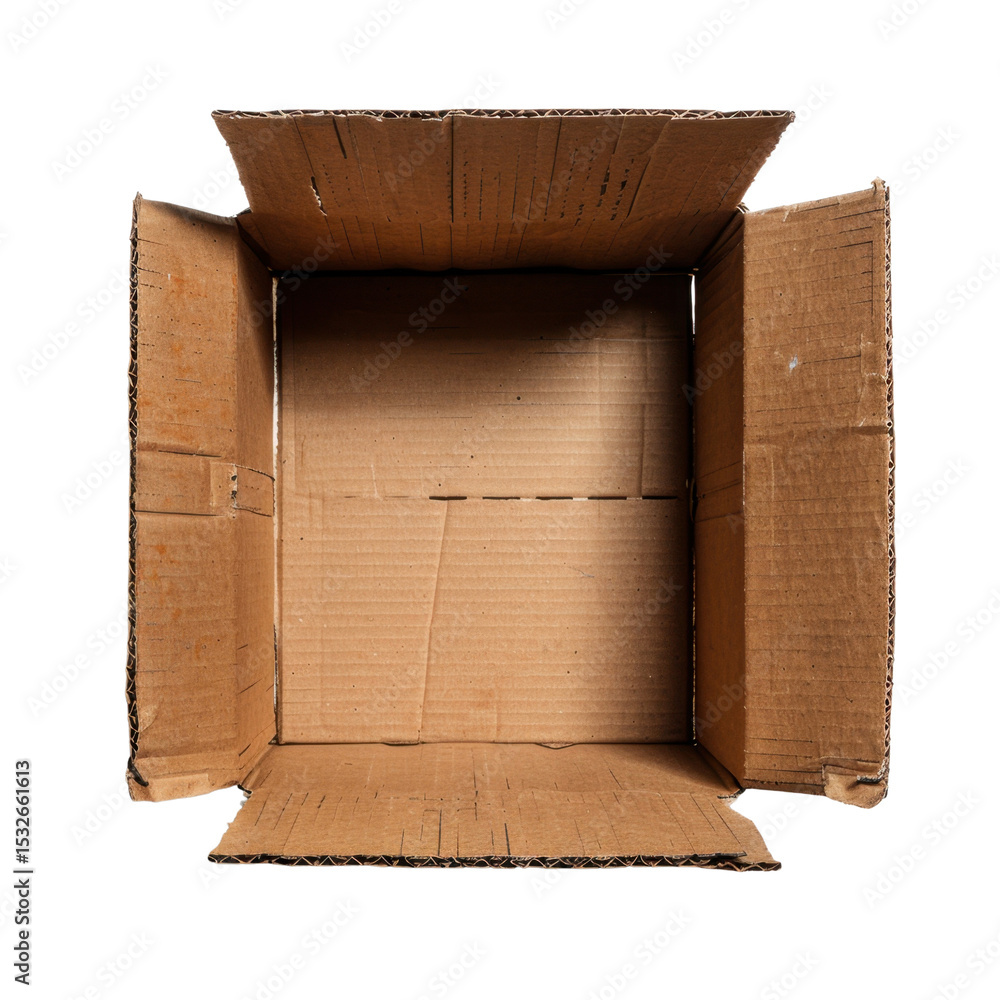 Poster empty cardboard box with flaps open, showcasing its interior space, ideal for storage or shipping pu