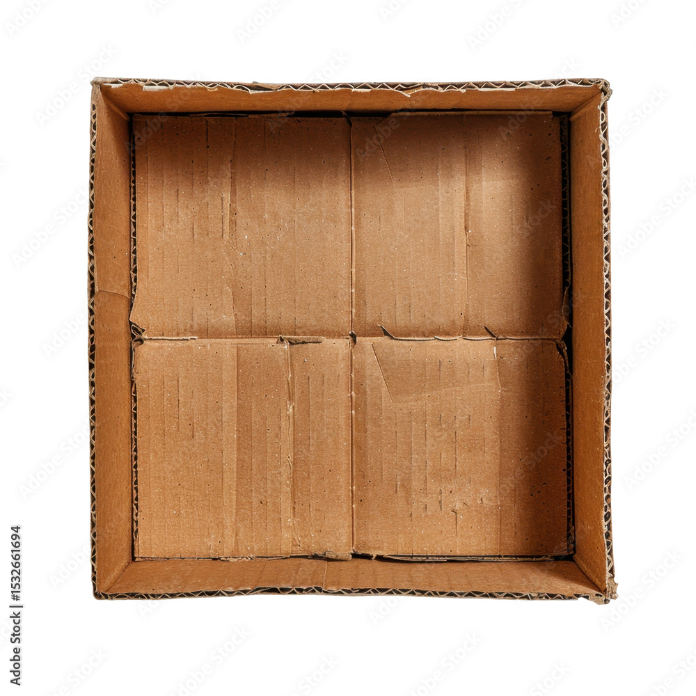Poster empty cardboard box with square shape, featuring simple design and brown color. box is made of recyc