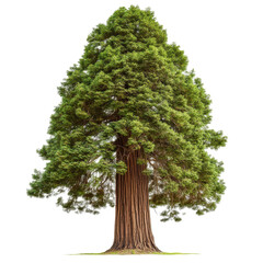 Fototapeta premium Redwood, A towering redwood tree with a thick trunk and lush green foliage, set against a clear blue sky, isolated on transparent background