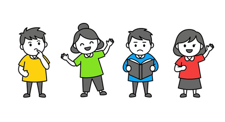 Diverse Children Illustrations Happy, Sad, Thinking, Reading - Cartoon Style Clipart