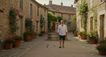 Fototapeta premium Man walking French village street