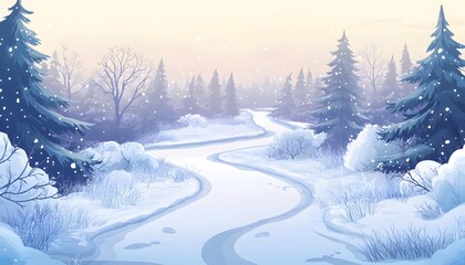 Snowy winter landscape with a winding path.