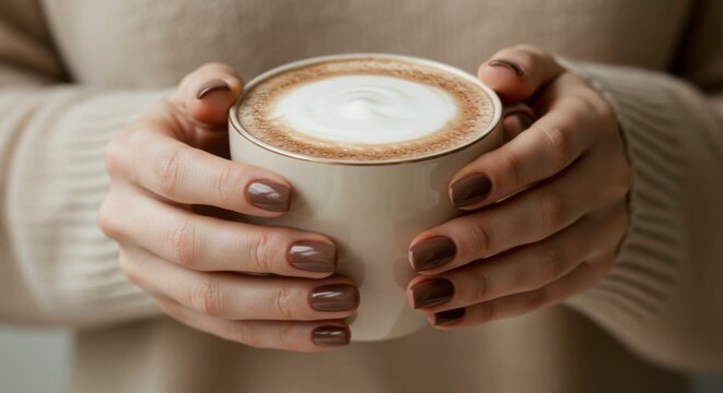 Woman's hands gently cradle a warm beverage in a cozy setting.  The creamy froth atop hints at a rich, comforting drink