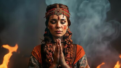 Mystical woman in tribal attire prays amidst smoke and fire - Powered by Adobe