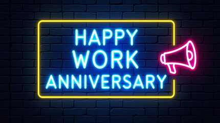 Happy Work Anniversary Neon Sign Blue Yellow Pink Brick Wall 