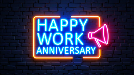 Obraz premium Happy Work Anniversary Neon Sign Brick Wall blue neon