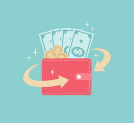 Wallet filled with bills and coins, with a golden cashback arrow around it. Flat vector illustration