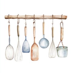 Kitchen tools, watercolor illustration, hanging on a wooden rod with metallic hooks