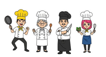 Diverse Chefs Cartoon Illustration  A Culinary Team of Four Unique Cooks