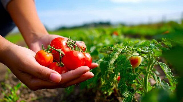 Person's hands gently cradling freshly picked red cherry tomatoes, vibrant green tomato plants blurred in the background