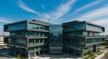 Modern, multi-story office building with glass and dark-grey facade, situated under a bright, blue sky