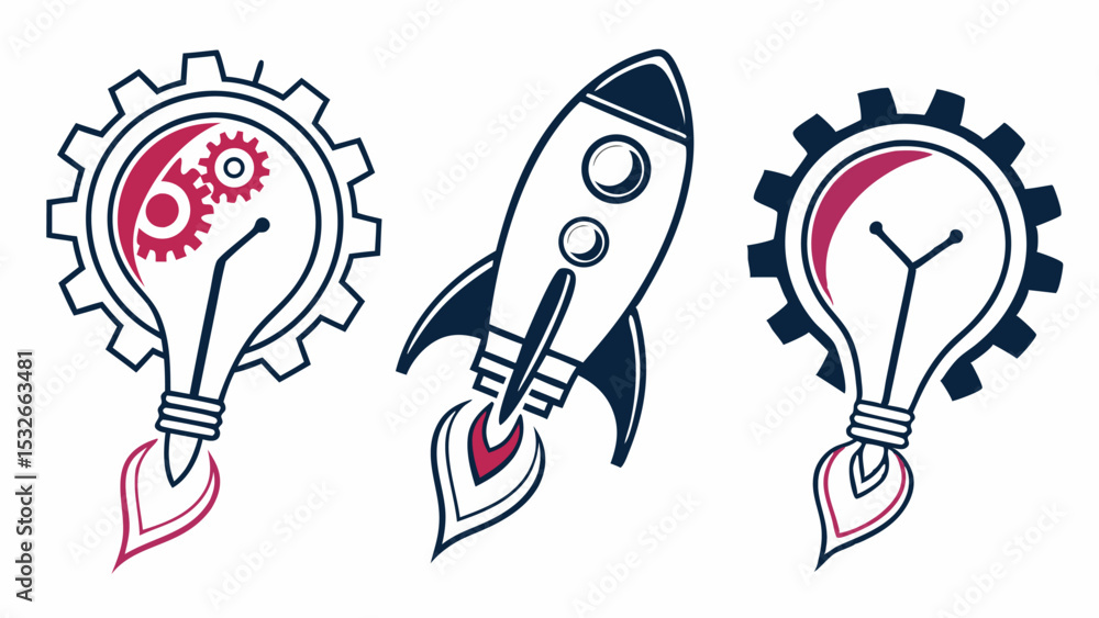 Poster illustration showing lightbulb with gears and rocket representing innovation and business startup id