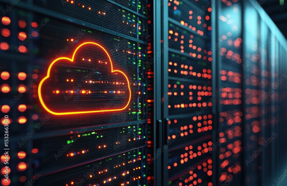 Poster bright orange neon cloud icon on data servers glowing with red and green lights in a high-tech serve