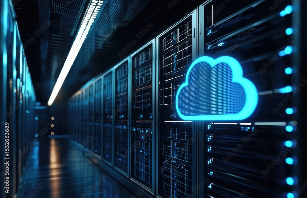 Poster glowing blue digital cloud icon on sleek data servers in a futuristic hallway, representing modern c