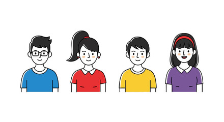 Diverse Group of Young Adults Line Art Illustrations
