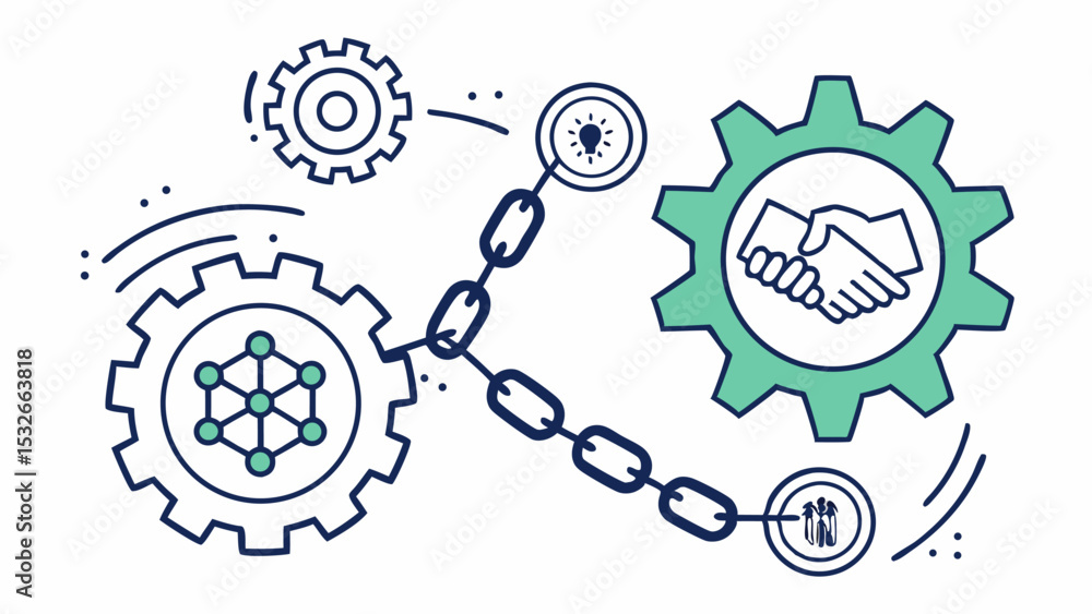 Aufkleber illustration of blockchain connecting gears with handshake and lightbulb icons on white background